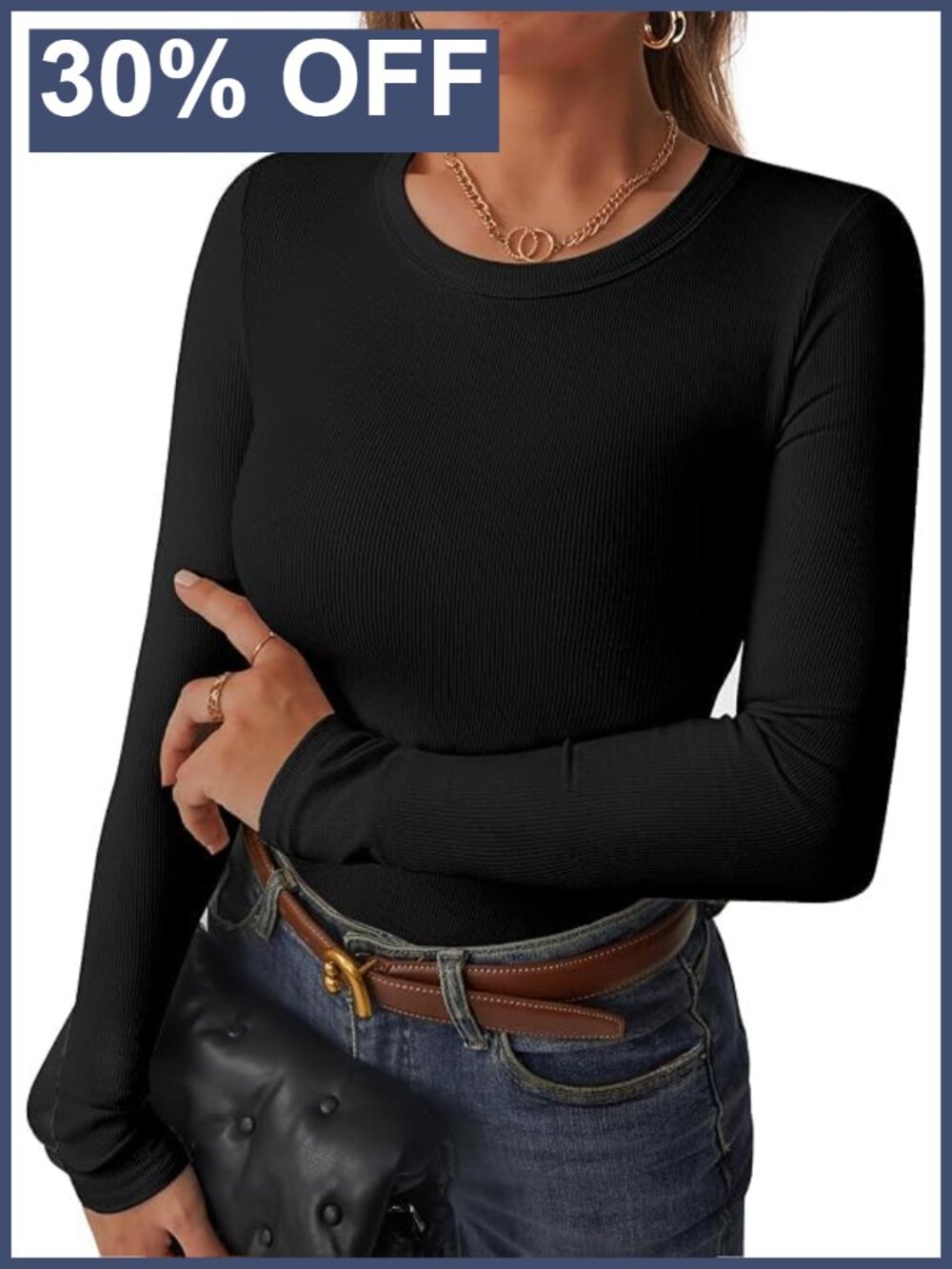 Womens Ribbed Long Sleeve Crewneck Slim Fit T-Shirt Basic Layering Top